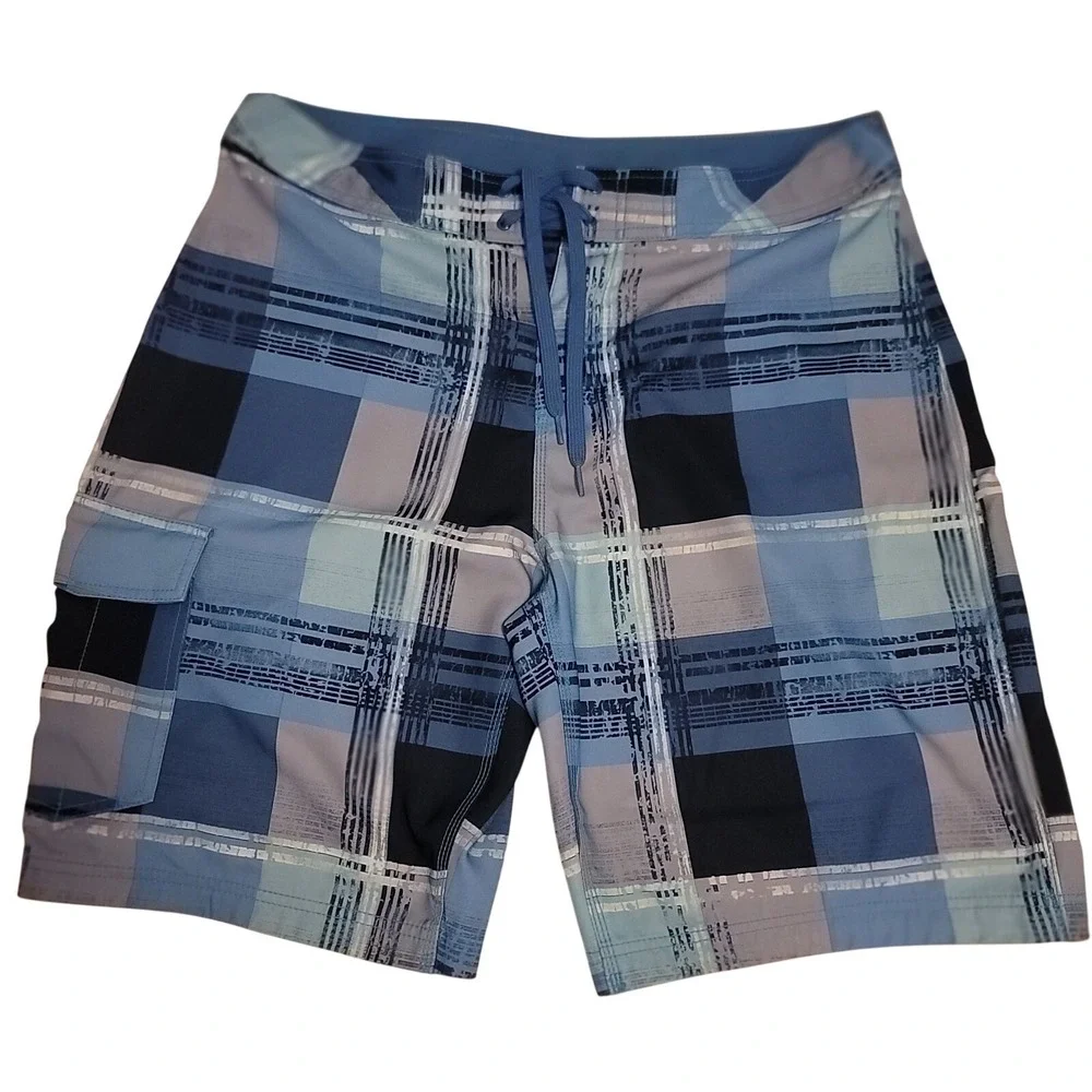 Arizona Board Shorts Mens 36 Blue Plaid Cargo Pocket‎ Stretch Swim Trunks Surfer